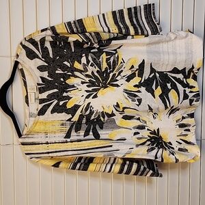 Chicos Easywear Womens Blouse Top Size PETITE Yellow & Black Floral 3/4 Sleeve